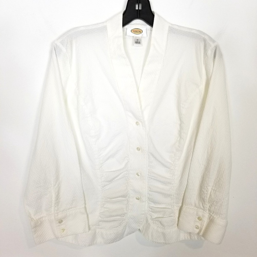 Talbots Women Ruched Button Up Blouse Top Sz 12 White Classic Preppy Cotton